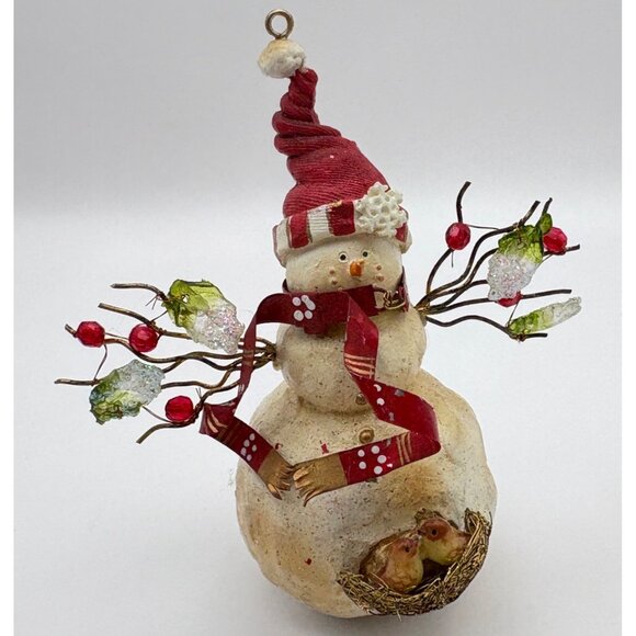 Vintage Snowman Christmas Tree Ornament Wire Branch Arms With Bird Nest Folk Art - Picture 7 of 7